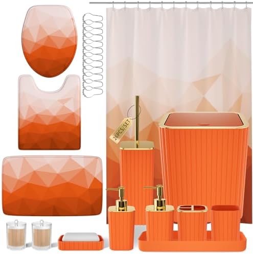 XLHOMO Bathroom Accessory Set - 26PC Bathroom Shower Curtain and Rug Set, Bathroom Accessories Set, Orange Bathroom Set with Trash Can, Toilet Brush, Qtip Holder & Soap Dispenser