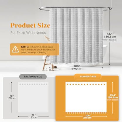 BTTN 108x72 Boho Farmhouse Linen Heavy Duty Shower Curtain Set, Gray/Grey