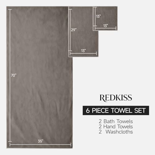 REDKISS Pack of 6 Towel Set - 2 Extra Large Bath, 2 Hand, 2 Washcloths, Ultra Soft & Highly Absorbent, Quicker to Dry, Brown Towels for Bathroom, Spa, Hotel, Gym