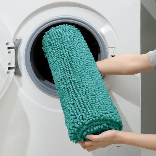 HOMEIDEAS Teal Chenille Bathroom Rugs Set of 3, Non Slip Bath Mat