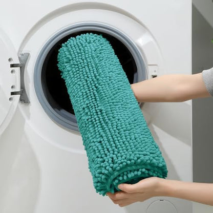 HOMEIDEAS Teal Chenille Bathroom Rugs Set of 3, Non Slip Bath Mat
