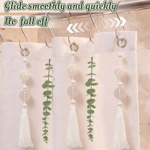 Yinkin Set of 12 Boho Eucalyptus Shower Curtain Hooks Rings Rustic Farmhouse Decor Rustproof Metal Decorative Hanger Set for Home Bathroom Bedroom Baby Room Curtain Decor (Rattan)