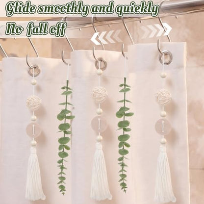 Yinkin Set of 12 Boho Eucalyptus Shower Curtain Hooks Rings Rustic Farmhouse Decor Rustproof Metal Decorative Hanger Set for Home Bathroom Bedroom Baby Room Curtain Decor (Rattan)