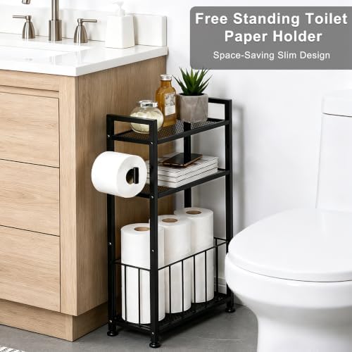 Black Free Standing Toilet Paper Holder Stand with Shelf and Roll Storage