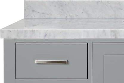 ARIEL Cambridge 60-inch Bathroom Vanity with Sink,Solid Wood, 1.5-inch Italian Carrara Marble Countertop, Single Rectangular Porcelain Sink, 2 Soft Closing Doors, 9 Dovetail Drawers, Grey