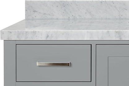 ARIEL Cambridge 60-inch Bathroom Vanity with Sink,Solid Wood, 1.5-inch Italian Carrara Marble Countertop, Single Rectangular Porcelain Sink, 2 Soft Closing Doors, 9 Dovetail Drawers, Grey