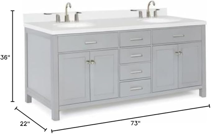 ARIEL Bristol 72-inch Bathroom Vanity with Sink,Solid Wood, 1.5-inch Pure White Quartz Countertop & Backsplash, Double Oval Porcelain Sink, 4 Soft Closing Doors, 4 Dovetail Drawers, Grey