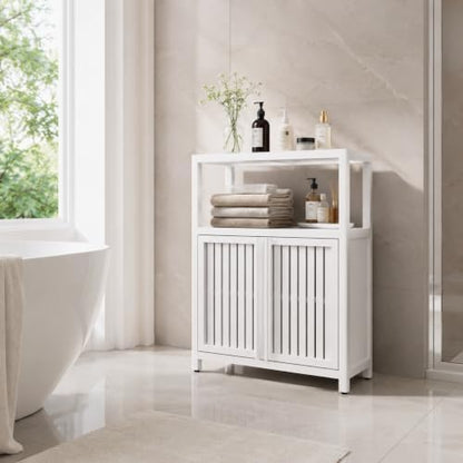 Bamboo Storage Cabinet, White Freestanding Bathroom Cabinet
