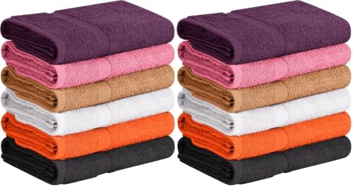 Towel and Linen Mart 100% Cotton 12 Pack Bath Towel Set, Quick Dry, Super Absorbent, Light Weight, Soft, (27 x 54 Pack of 6) (27 x 54 12 Pack, Plum, Pink, Beige, Grey, White, Peach)