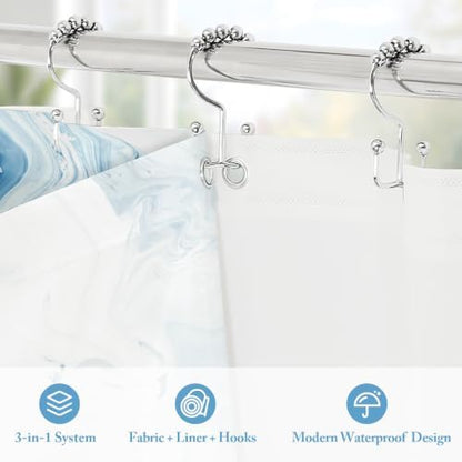 3 in 1 Blue Marble Shower Curtain Set with PEVA Liner & 12 Hooks, 72 x 84