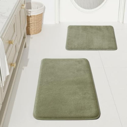 HUXMEYSON Bathroom Rugs Sets 2 Piece, Non-Slip & Quick Dry Bath Mat Set, Ultra Soft Velvet Bath Rugs for Bathroom, Toilet and Shower Floor, Olive Green