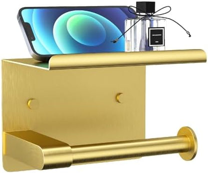 GLNLQ Brushed Gold Toilet Paper Holder Wall Mount, Adhesive or Screw-in