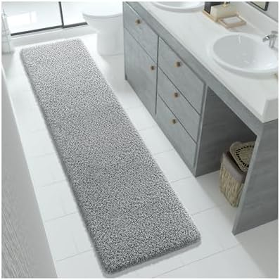 Yimobra Fluffy Plush Bath Rug, Super Shaggy Soft Comfortable Non Slip, Water Absorbent Microfiber Bath Mat, Dries Quickly, Machine Washable Thick Bathroom Rugs for Shower, 70" X 24", Pure Gray