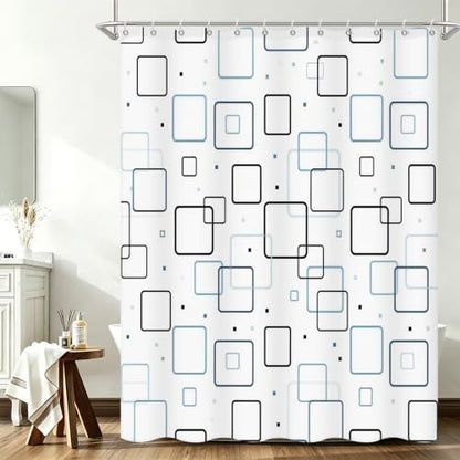 Modern Geometric Square Blue and White Shower Curtain, 72" W x 84" L