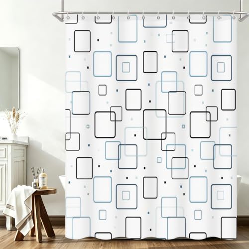 Modern Geometric Square Blue and White Shower Curtain, 72" W x 72" L