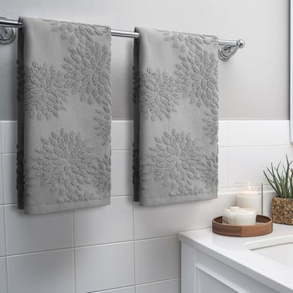 SmoothNovelty 2 Pcs Light Gray Dahlia Jacquard Hand Towels for Bathroom