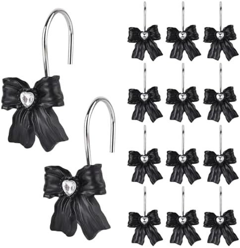 12PCS Shower Curtain Hooks Rings,Black Bow Decorative Shower Curtain Hooks