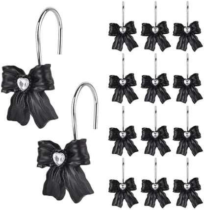 12PCS Shower Curtain Hooks Rings,Black Bow Decorative Shower Curtain Hooks