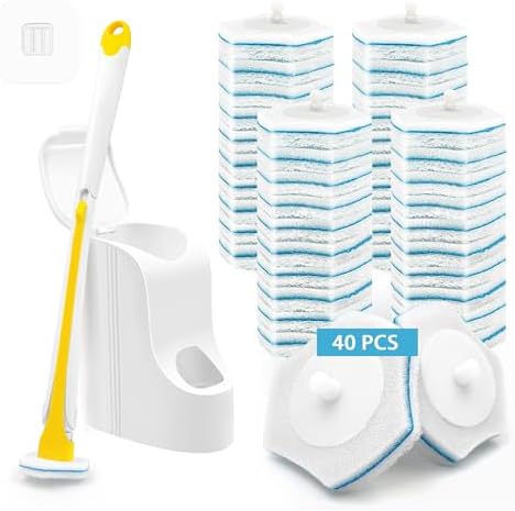 JEHONN Disposable Toilet Brush with 40PCS Wand Cleaner Refills, Wall Mounted Toilet Bowl Brush Holder Set, Bathroom Cleaning System for Sink Bathtub Wash Basin (Yellow)
