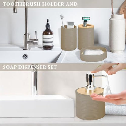 RRM 4 Piece Bamboo Bathroom Accessories Set, Boho Bathroom Decor, Beige