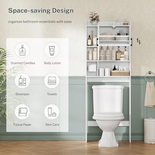 TEENFON Over The Toilet Storage Cabinet with 4 Open Shelves and Adjustable Shelf, Extra Tall Bathroom Organizer Unit with 2 Barn Doors, Home Space Saver for Bathroom, Laundry Room, White