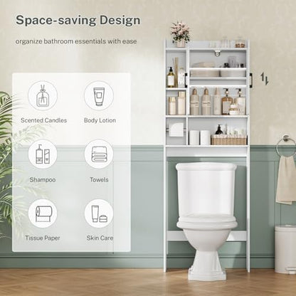 TEENFON Over The Toilet Storage Cabinet with 4 Open Shelves and Adjustable Shelf, Extra Tall Bathroom Organizer Unit with 2 Barn Doors, Home Space Saver for Bathroom, Laundry Room, White