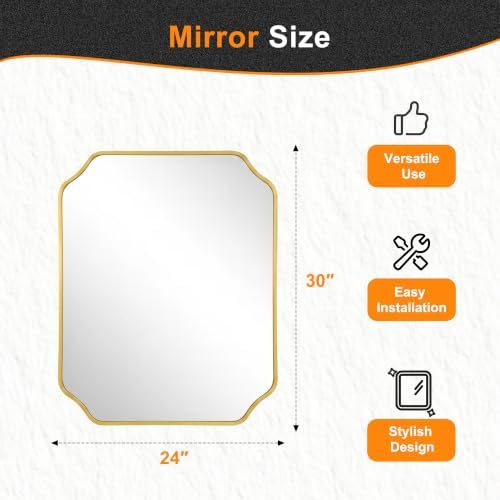 Delma Bathroom Vanity Mirror, Black Framed Aluminum Bathroom Mirror for Over Sink, Scalloped Round Corner Wall Mirror, High-Definition Vanity Mirror, Hangs Horizontally or Vertically (30x24,Gold)