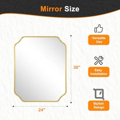 Delma Bathroom Vanity Mirror, Black Framed Aluminum Bathroom Mirror for Over Sink, Scalloped Round Corner Wall Mirror, High-Definition Vanity Mirror, Hangs Horizontally or Vertically (30x24,Gold)