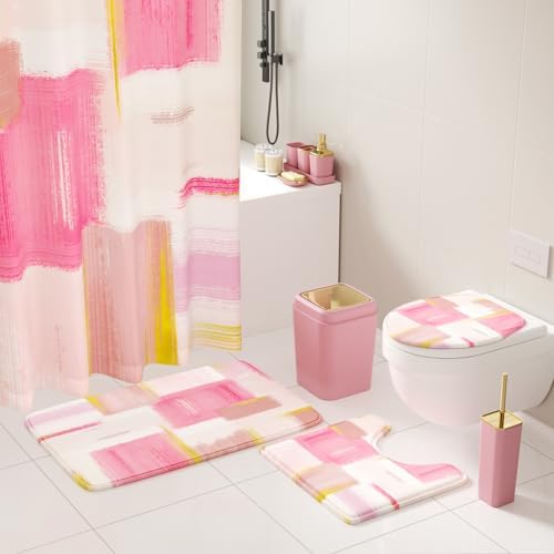 XLHOMO Bathroom Accessories Set - 26PCS Pink Bathroom Set, Bathroom Accessory Set with Shower Curtain and Rugs and Bathtub Mats for Home