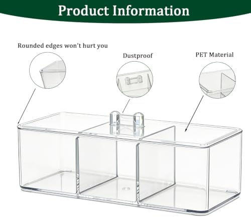 Clear Bathroom Organizer with Lid, 3 Compartment Cotton Swab Holder