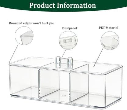 Clear Bathroom Organizer with Lid, 3 Compartment Cotton Swab Holder