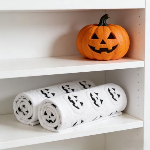 2 Pack Halloween Hand Towels 100% Cotton Jacquard ack-O'-Lantern Halloween Kitchen Towels White Bathroom Towels Set Seasonal Bathroom Decor (White ack-O'-Lantern, Halloween)