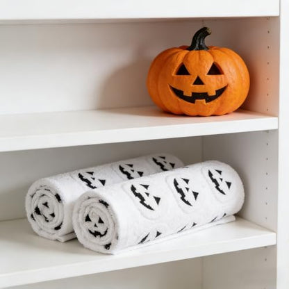 2 Pack Halloween Hand Towels 100% Cotton Jacquard ack-O'-Lantern Halloween Kitchen Towels White Bathroom Towels Set Seasonal Bathroom Decor (White ack-O'-Lantern, Halloween)