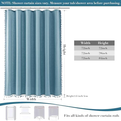 Nanspring Extra Long Blue Boho Linen Shower Curtain 84 Inch Weighted Tassel Cloth Textured Chic Bohemian Shower Curtain Set with Hooks Modern Vintage Country Aesthetic Decor for Bathroom 72x84
