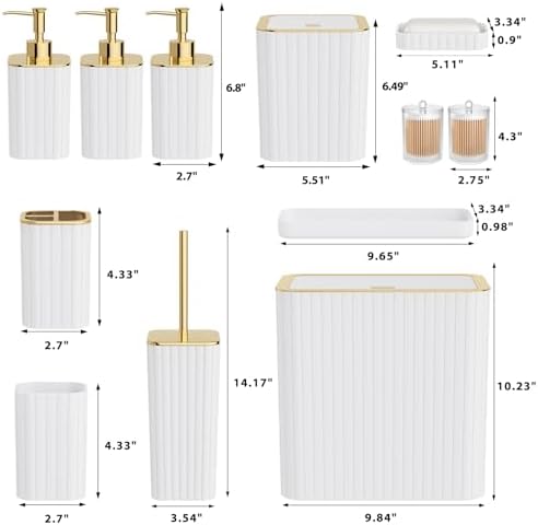 Bathroom Accessory Set - Bathroom Set, 12PC Bathroom Accessories Set, White Bathroom Accessories Set, Mini Trash Can, Toilet Brush, Trash Can & Soap Dispenser