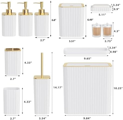 Bathroom Accessory Set - Bathroom Set, 12PC Bathroom Accessories Set, White Bathroom Accessories Set, Mini Trash Can, Toilet Brush, Trash Can & Soap Dispenser