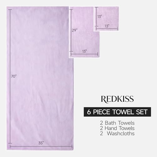 REDKISS Pack of 6 Towel Set - 2 Extra Large Bath, 2 Hand, 2 Washcloths, Ultra Soft & Highly Absorbent, Quicker to Dry, Purple Towels for Bathroom, Spa, Hotel, Gym