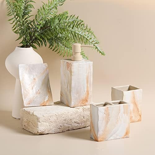RQYIXI Ceramic Bathroom Accessories Set,Beige,4 Piece,Marble Design