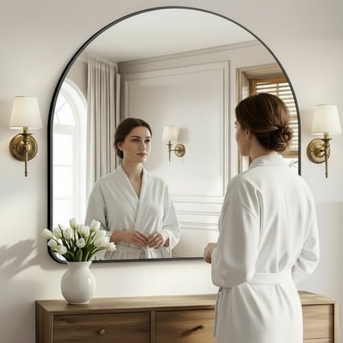 Arched Bathroom Mirror, 45"x45" Black Arched Mirror for Bathroom, Wall Mounted Mirror, Black Vanity Wall Mirror Metal Frame for Bedroom, Entryway, Living Room, Hanging or Leaning Against Wall