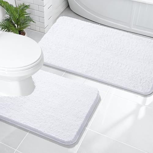 OLANLY Chenille Bathroom Rugs Mats Sets 2 Piece, 47"x20"+24"x20", White
