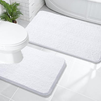 OLANLY Chenille Bathroom Rugs Mats Sets 2 Piece, 47"x20"+24"x20", White