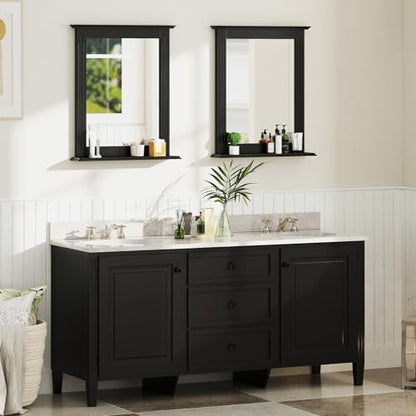 CHARMAID Bathroom Mirror with Shelf - 27" x 22.5" Wall Mirror Over Bathroom Sink, Wooden Frame Modern Rectangular Hanging Vanity Makeup Mirrors for Washroom, Entryway (Black,27" L x 22.5" W)