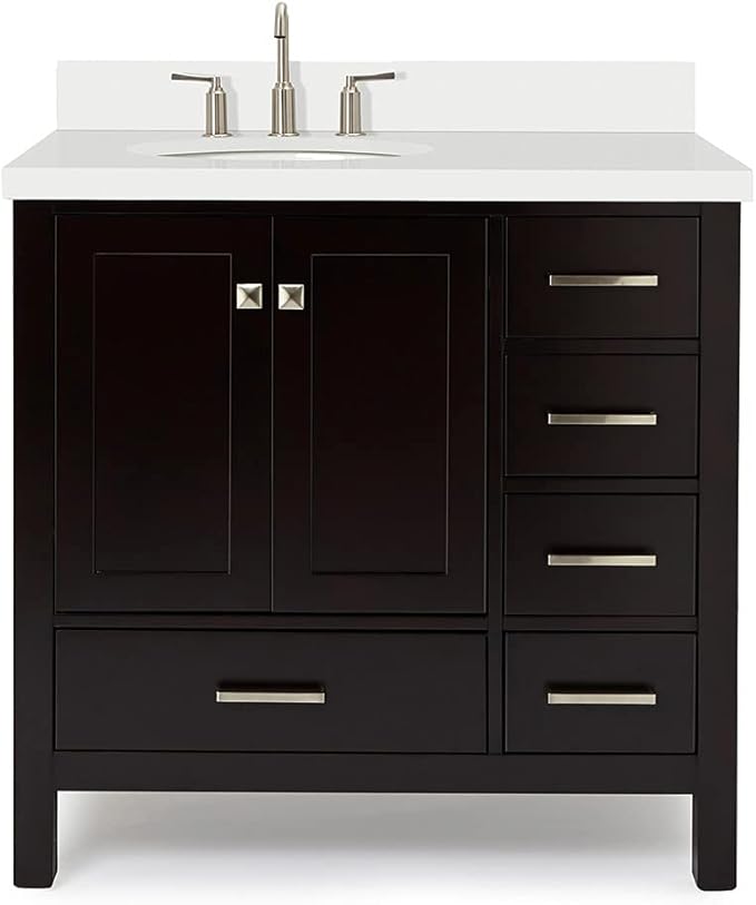 ARIEL Cambridge 36-inch Bathroom Vanity with Sink,Solid Wood, 1.5-inch Pure White Quartz Countertop & Backsplash, Single Oval Porcelain Sink, 2 Soft Closing Doors, 5 Dovetail Drawers, Espresso