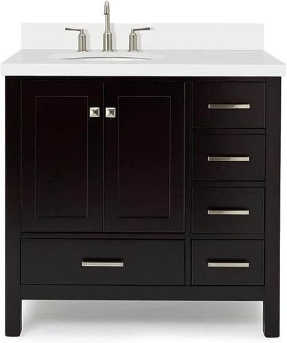 ARIEL Cambridge 36-inch Bathroom Vanity with Sink,Solid Wood, 1.5-inch Pure White Quartz Countertop & Backsplash, Single Oval Porcelain Sink, 2 Soft Closing Doors, 5 Dovetail Drawers, Espresso