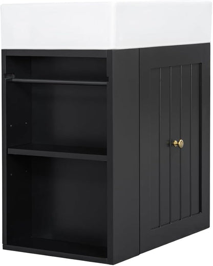 20" Floating Small Bathroom Vanity with Sink, Wall Mounted Vanity for Compact Bathrooms, Space-Saving Narrow Bathroom Vanities with Soft-Close Drawer Open Shelf Towel Bar (Black,20" Floating Drawer)