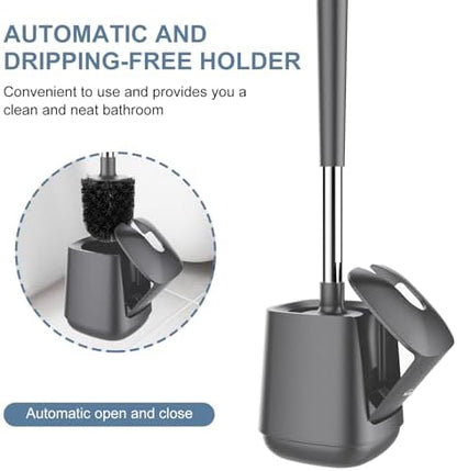 SetSail Toilet Brush and Holder 3 Pack, Self Closing Lid Toilet Bowl Brushes Holder Extra Long Handle Ventilated Toilet Brush Set for Bathroom Cleaning, Nylon Bristles, Grey
