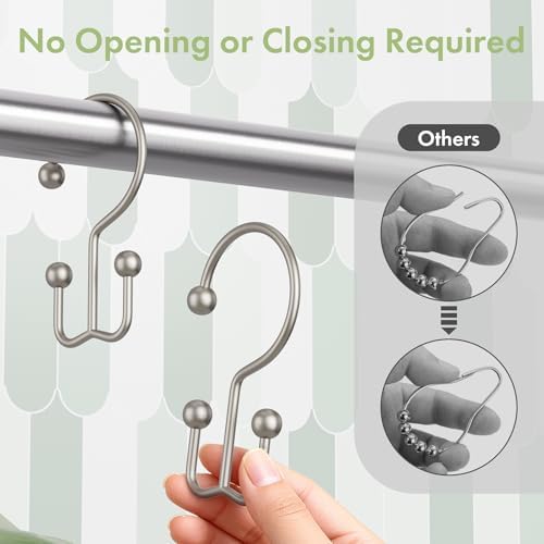 Amazer Matte Nickel Shower Curtain Hooks, 12PCS Minimalist Simple Double Shower Curtain Rings, Rust-Resistant Metal Shower Hooks Shower Curtain Hangers, Shower Rings for Bathroom Shower Rods Curtains