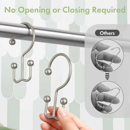 Amazer Matte Nickel Shower Curtain Hooks, 12PCS Minimalist Simple Double Shower Curtain Rings, Rust-Resistant Metal Shower Hooks Shower Curtain Hangers, Shower Rings for Bathroom Shower Rods Curtains