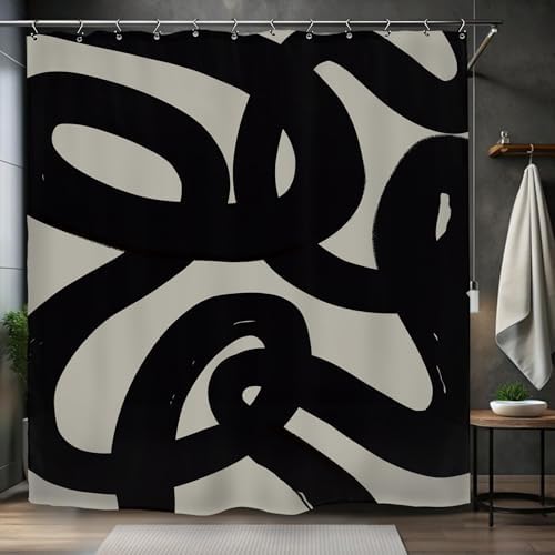 Abstract Black Shower Curtain 72Wx72L Inch Modern Minimalist Contemporary Geometric Line Neutral Simple Bathroom Set Accessories Decor with 12 Pack Hooks