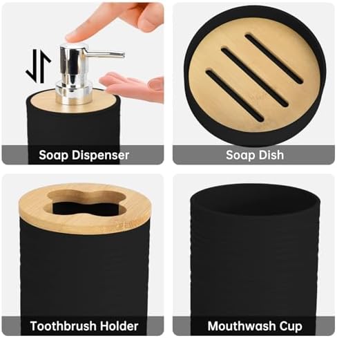 RRM Bamboo Bathroom Accessories Set 4 Pcs, Boho Bathroom Decor, Black